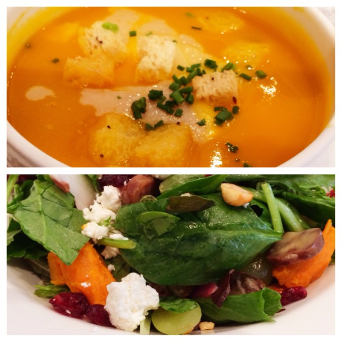 Top: Nothing better than the comfort of a smooth pumpkin soup to adjust to the crisp cool air Bottom: Mix your autumn produce in this delicious medley in-salad! (Ingredients: any green leafy vegetable, roasted apple, roasted chestnuts, grapes, cranberries, baked sweet potatoes, feta cheese) 