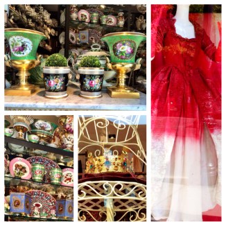 Top & bottom left: Bardith Antiques on Madison av.,  the go-to source for 18th-century English porcelain tableware and objets d’art. Bottom middle: Dolce and Gabbana majestically grand crown. Right: Victorian gown from Cesar Paciotti’s window display. Manhattan, October ‘13