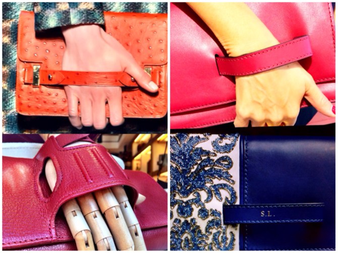 Top left: Tara Jarmon, top and bottom right: Valentino, strap can be personalized with you own code/initials, bottom left: Perrin