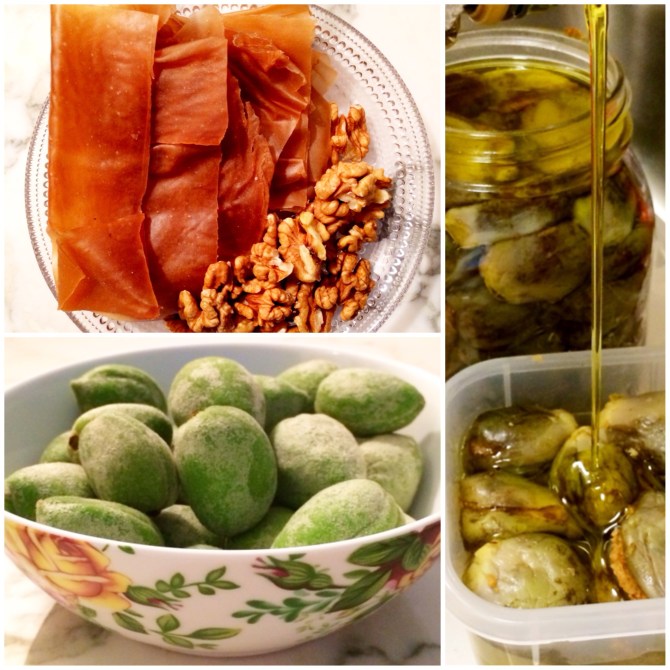 Upper left: dried grapes (malban) with raw walnuts  Lower left: fresh-from-the-field green almonds Right: Pickled mini eggplant  stuffed with peanut & spices  
